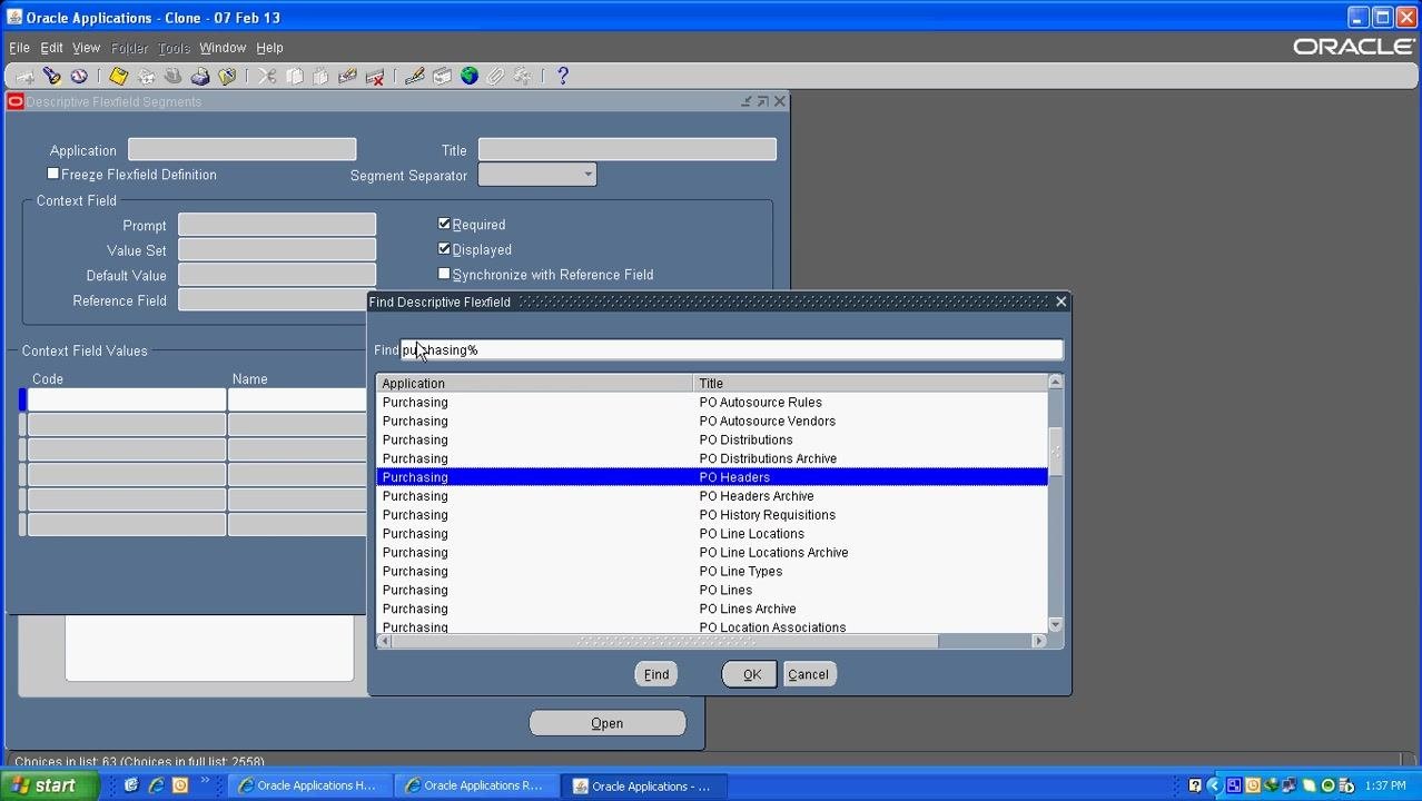 Segments Summary (PO Headers) window focused on segment details and value sets.