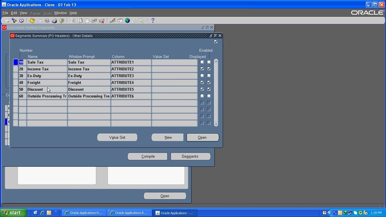 Segments Summary (PO Headers) - Other Details window showing Sale Tax, Income Tax, Ex-Duty, Freight, Discount, and Outside Processing Tr segments with checkboxes.