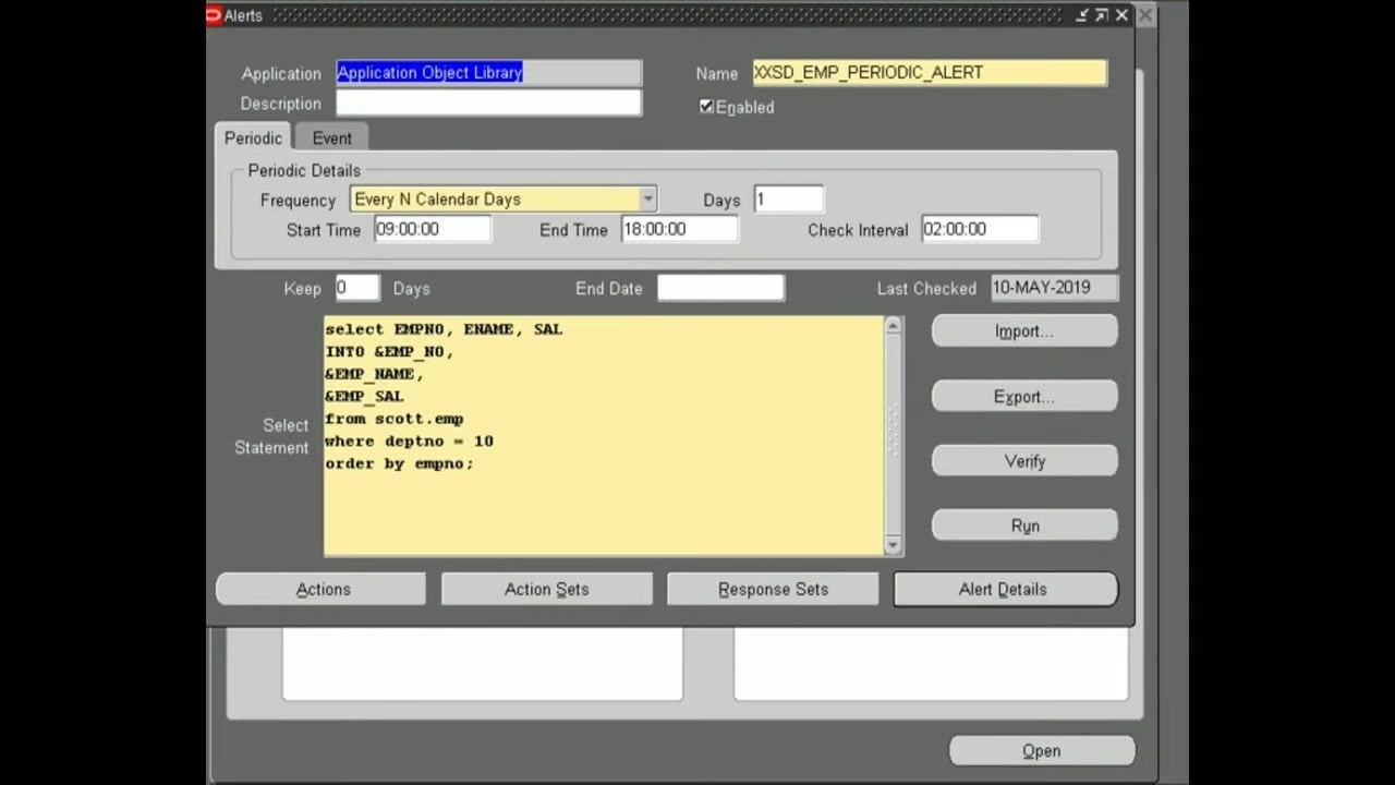 Oracle Alert Manager screen with "Alert" selected in the navigation panel and an "Open" button at the bottom