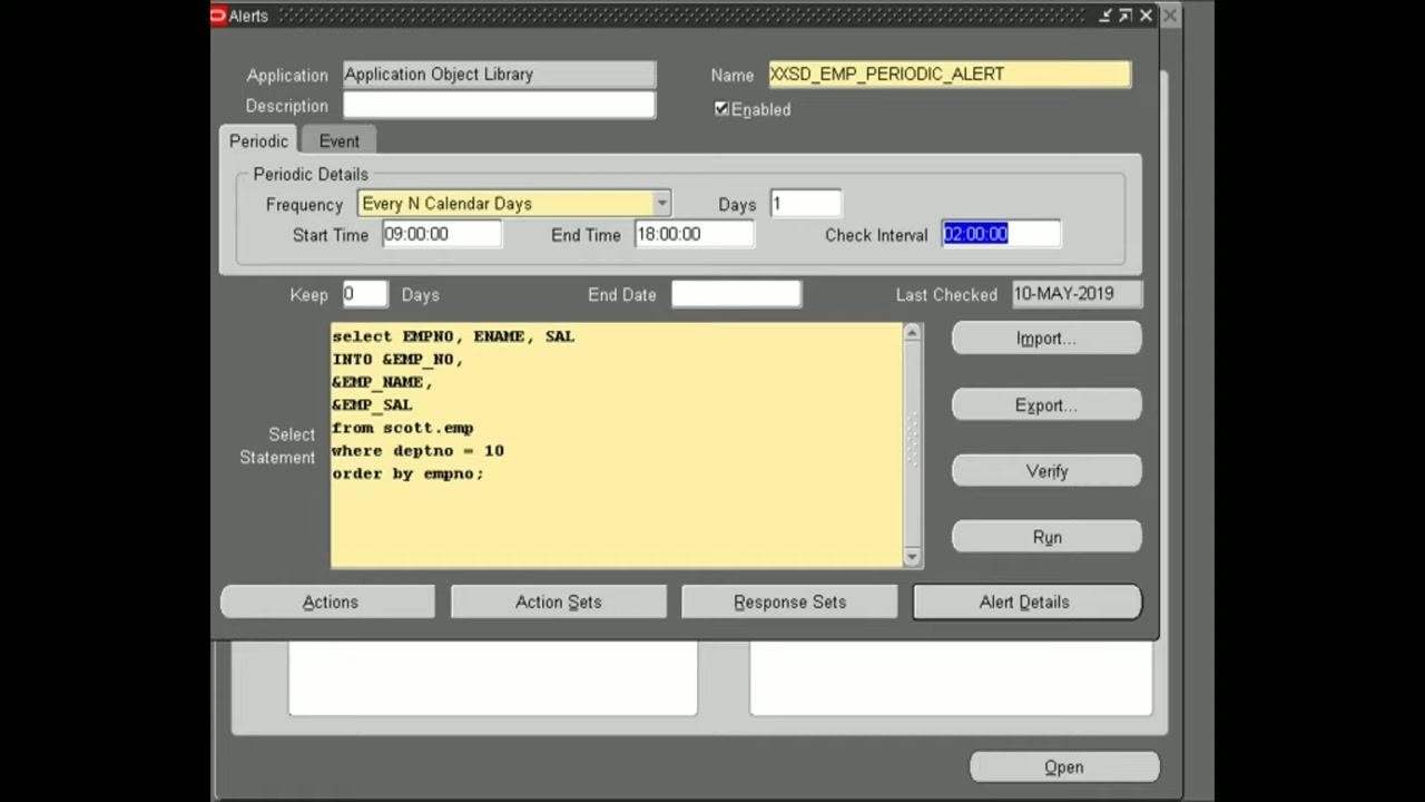 Oracle Alerts definition screen showing the alert name "XXSD_EMP_PERIODIC_ALERT" along with its configuration details