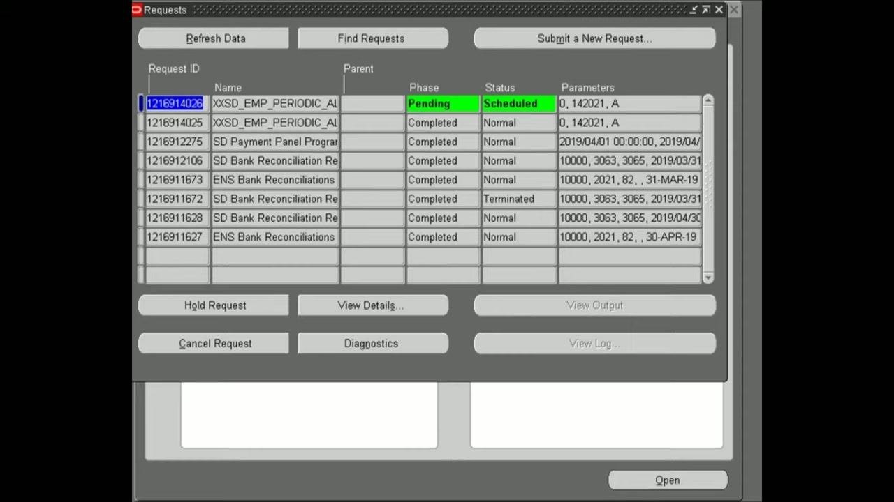 Requests window showing the periodic alert with Phase "Pending" and Status "Scheduled" highlighted in green, alongside other completed requests