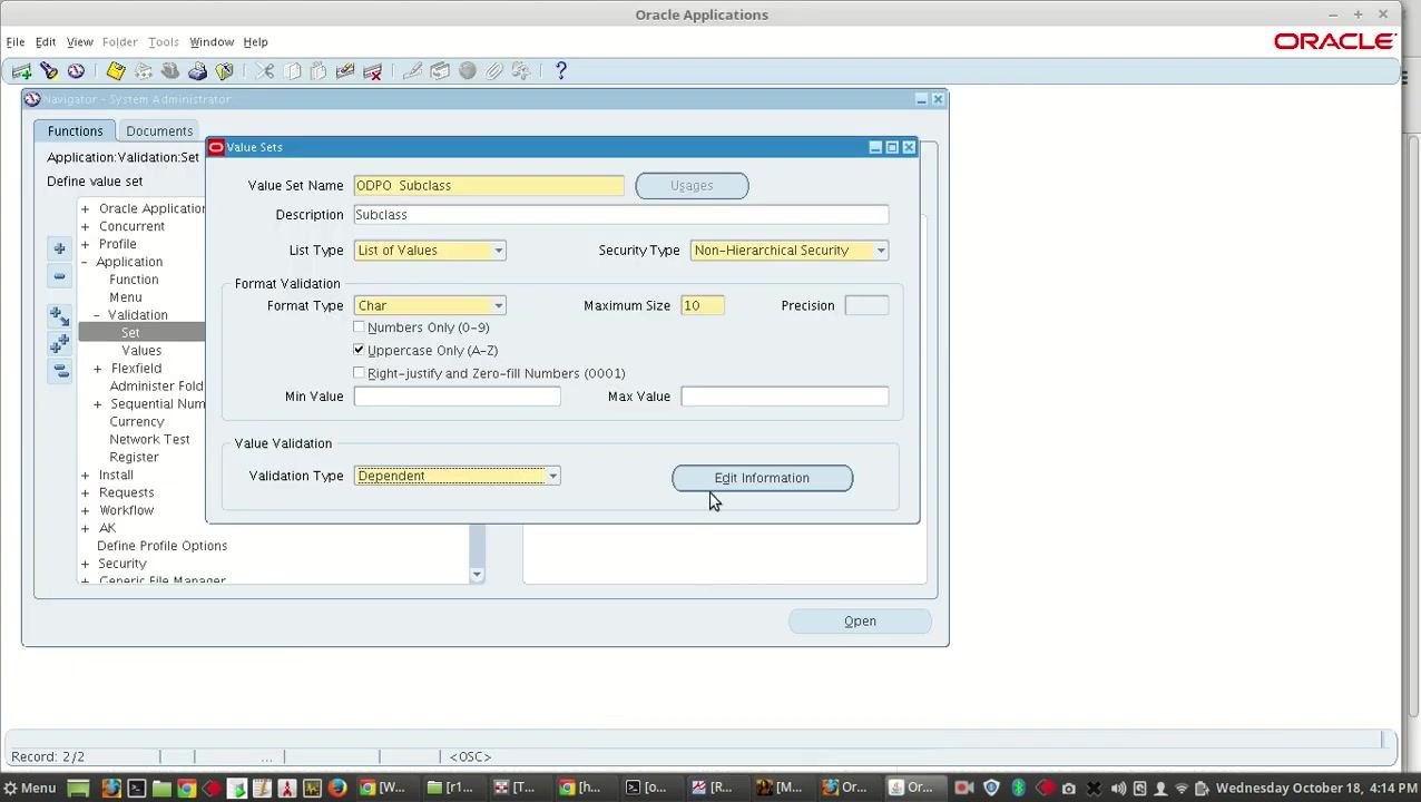 Value Sets form with Validation Type set to Dependent and the Edit Information button highlighted