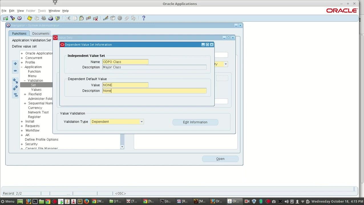 Dependent Value Set Information window with the Independent Value Set Name, Description, Dependent Default Value, and its description filled in