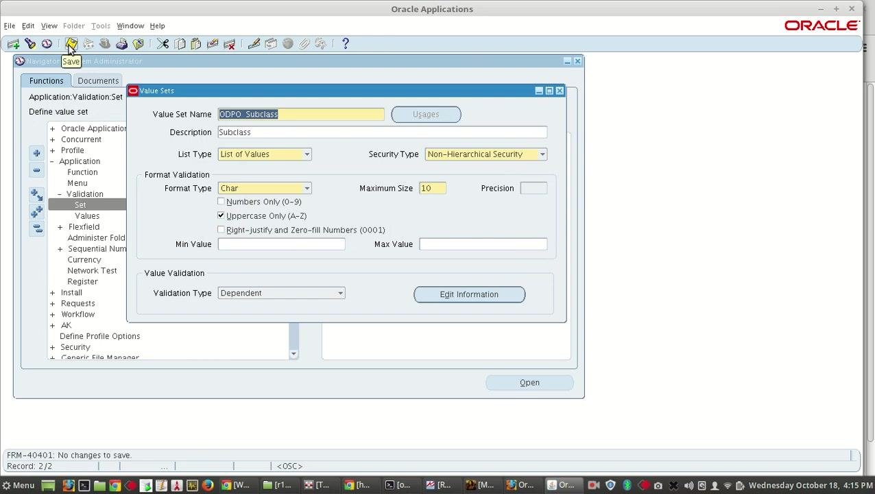 Value Sets form with all fields filled, the Save icon highlighted, and the status bar showing the confirmation message