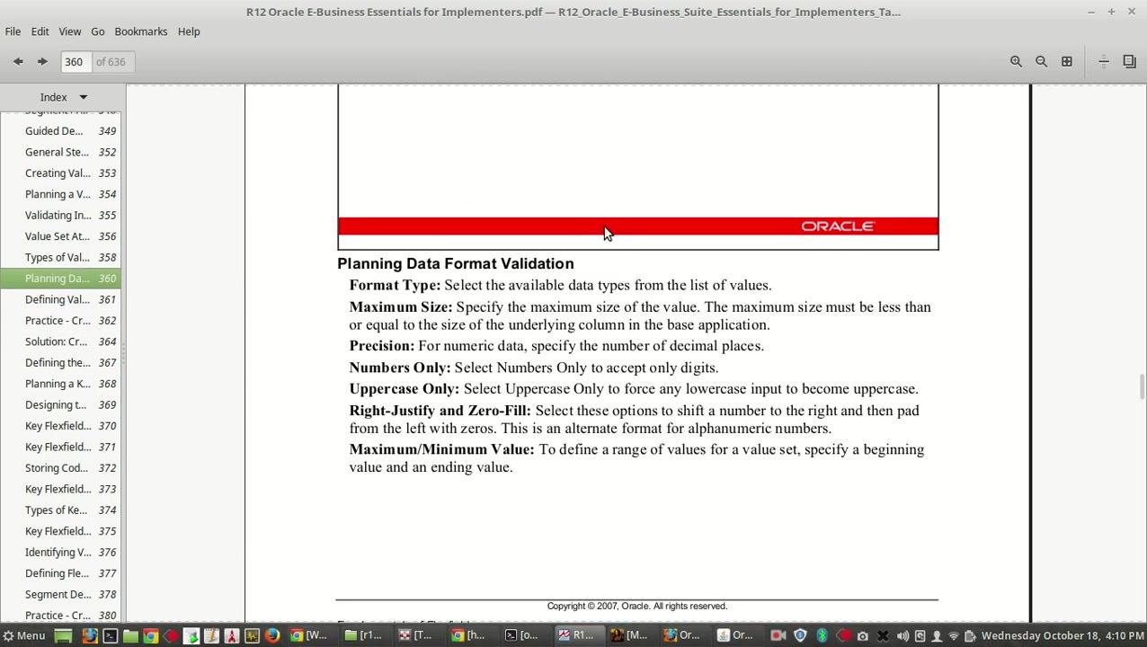Documentation page showing Value Set Attributes — name, description, list type, and security type — with supporting bullet points and Oracle branding