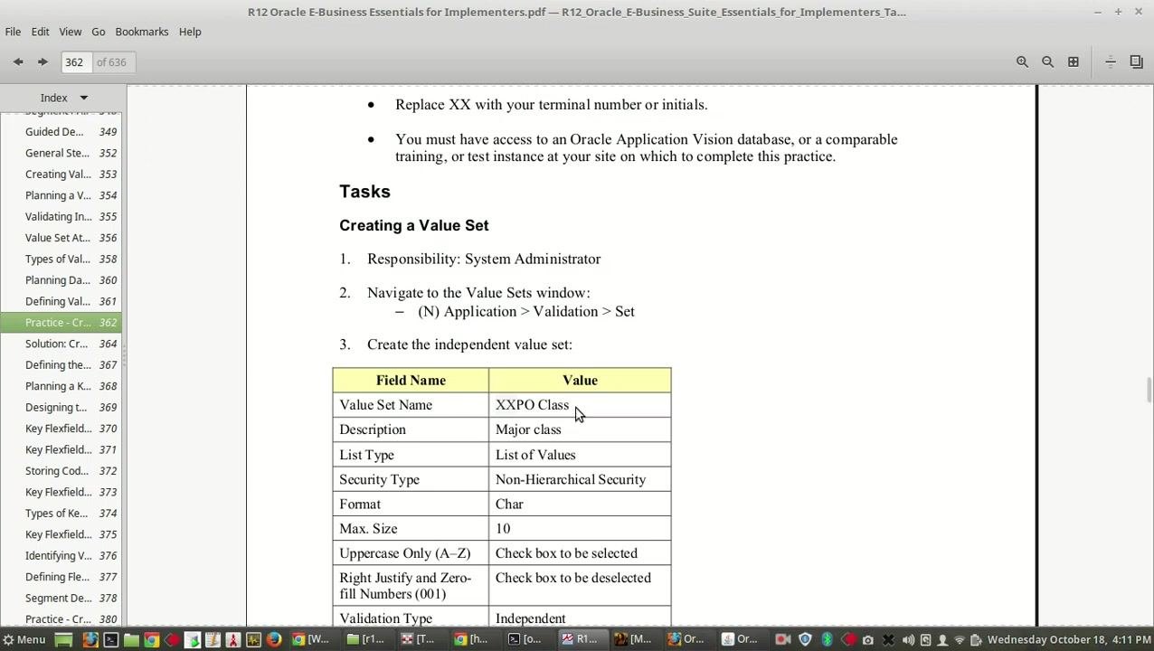 Documentation page listing field names and required values for creating the value set, including checkbox instructions