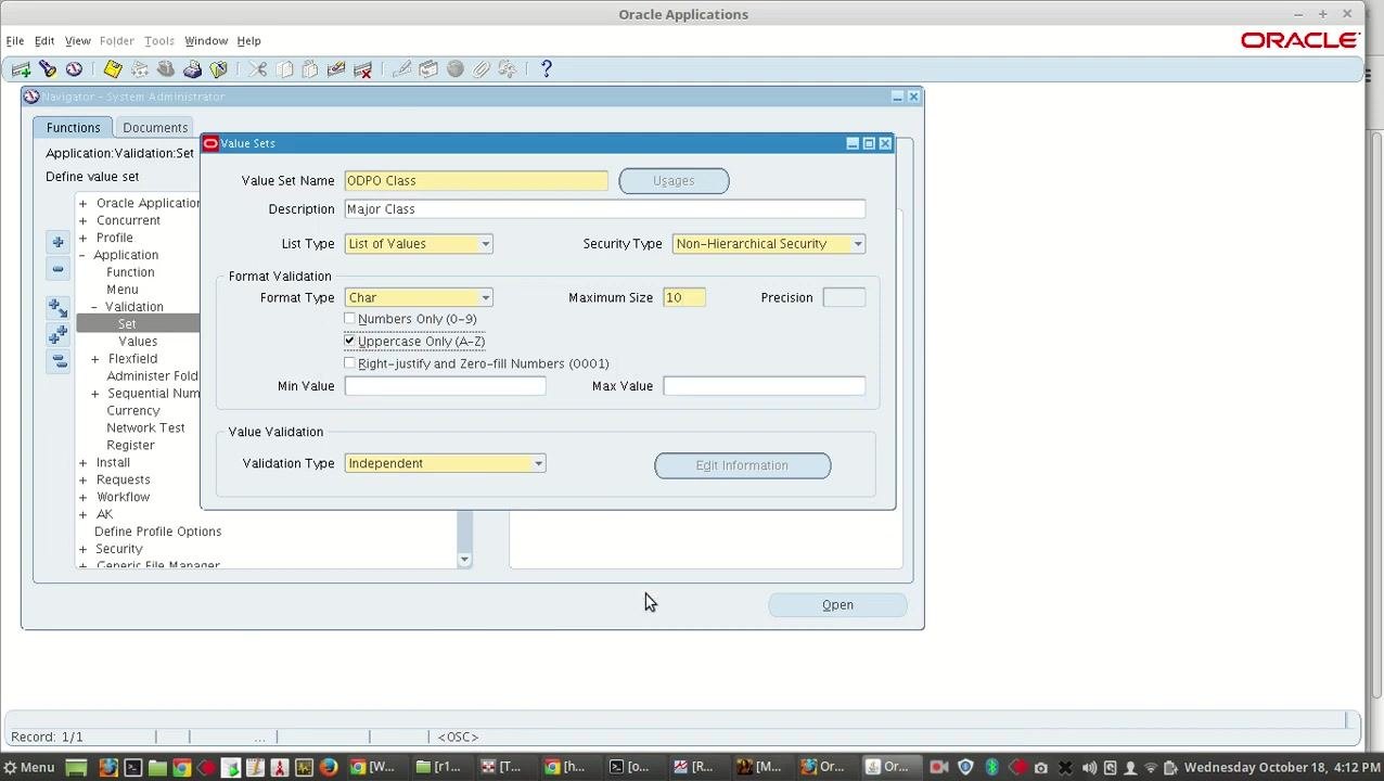 Value Sets window with fields being completed: Value Set Name, Description, List Type, Security Type, Format Type, Maximum Size, Uppercase Only checked, and Validation Type set