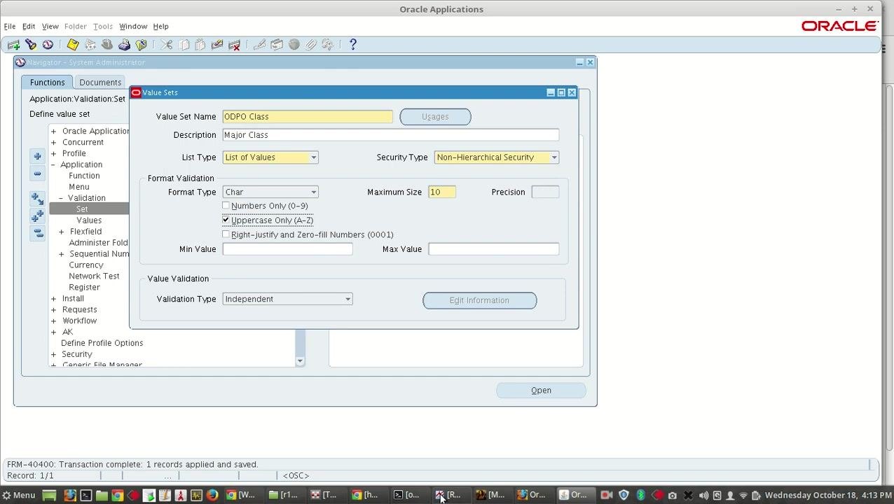 Value Sets window showing all required fields completed, with a confirmation message at the bottom indicating the record has been saved