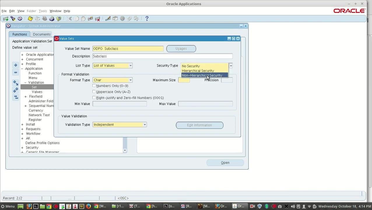 Value Sets form with the Security Type dropdown open, showing No Security, Hierarchical Security, and Non-Hierarchical Security options