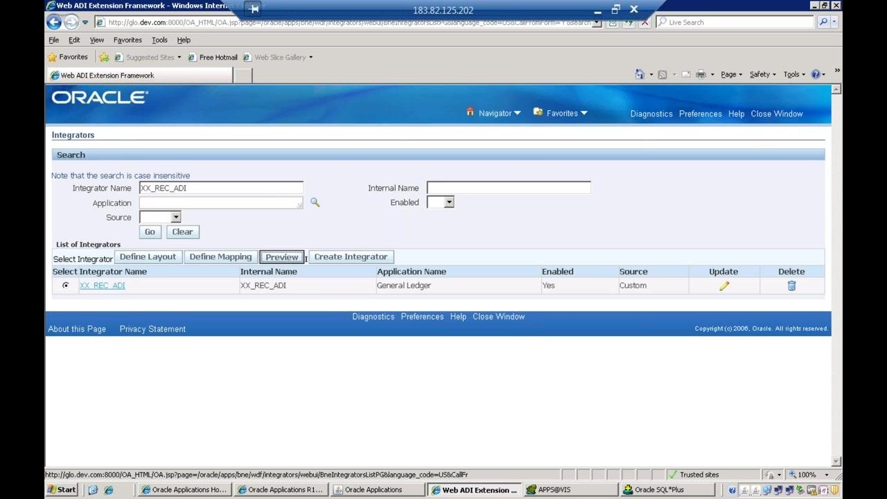 Web ADI Extension Framework with the Preview button highlighted and the integrator selected