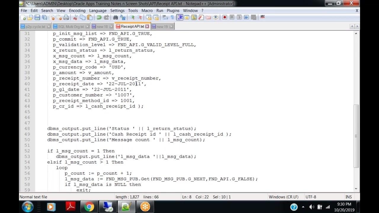 Notepad++ window showing the PL/SQL package and procedure definition used for receipt upload
