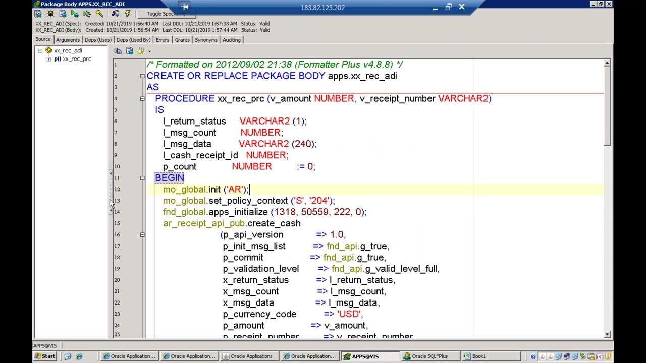 PL/SQL code editor displaying the receipt creation procedure, with the initialization steps and API call highlighted