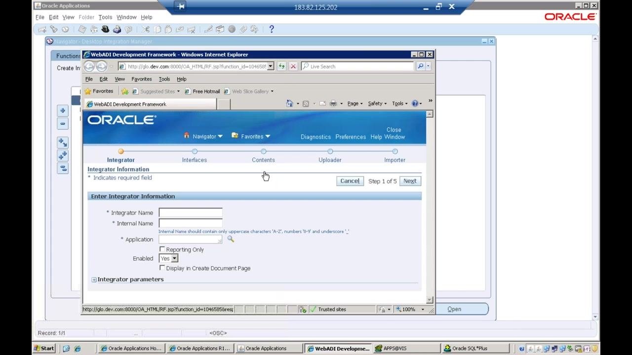 WebADI Development Framework window prompting for integrator name, internal name, and application details
