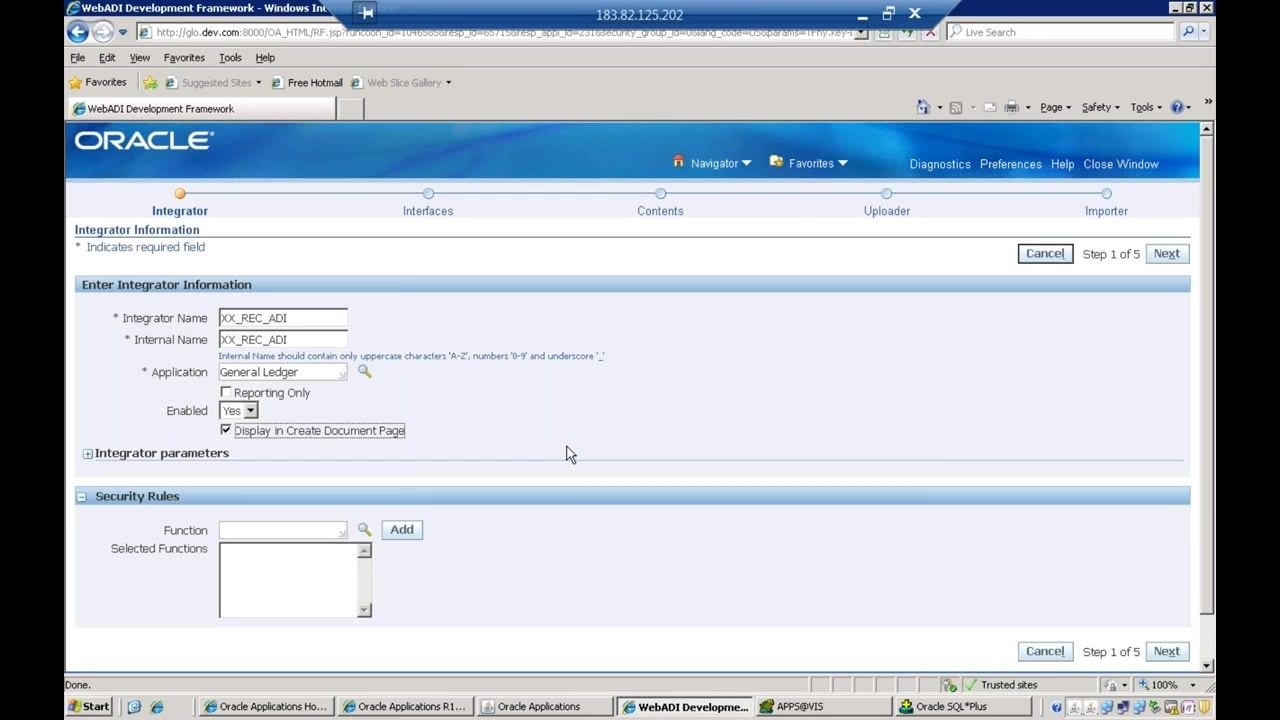 WebADI Development Framework showing Integrator Name, Internal Name, Application set to General Ledger, Enabled set to Yes, and Display in Create Document Page selected