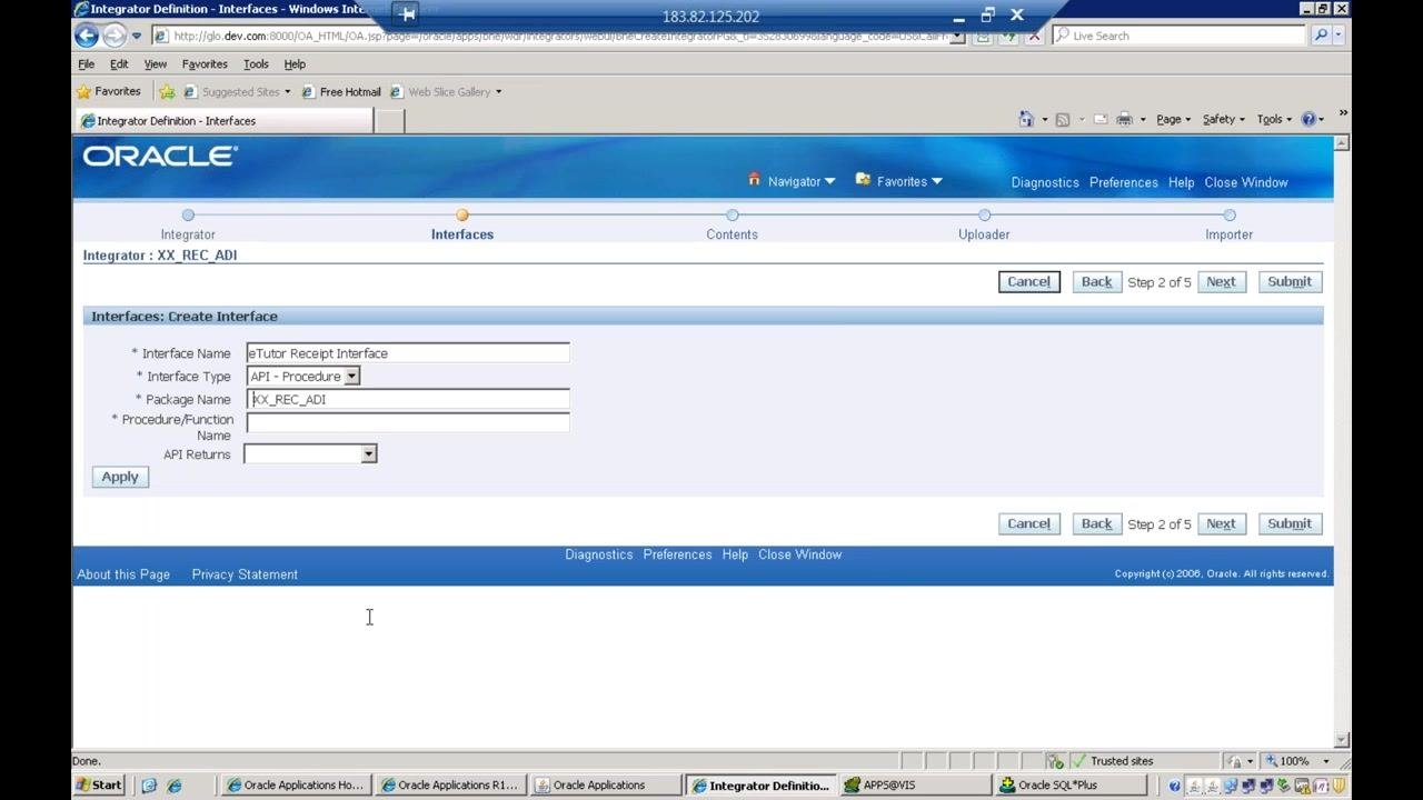 Interface creation screen with Interface Name, Interface Type set to API - Procedure, and Package Name entered