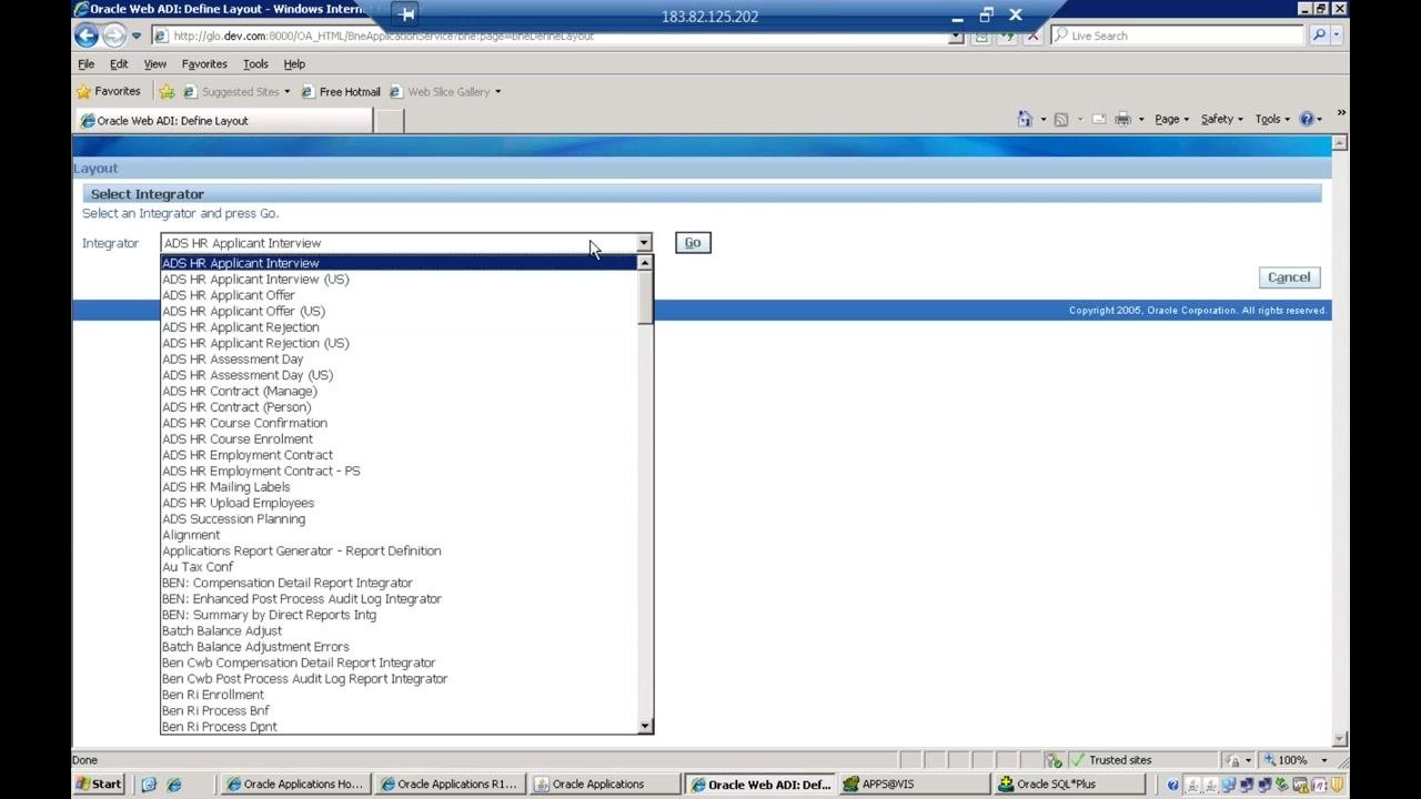 Web ADI Extension Framework showing the integrator search results with the Define Layout button highlighted