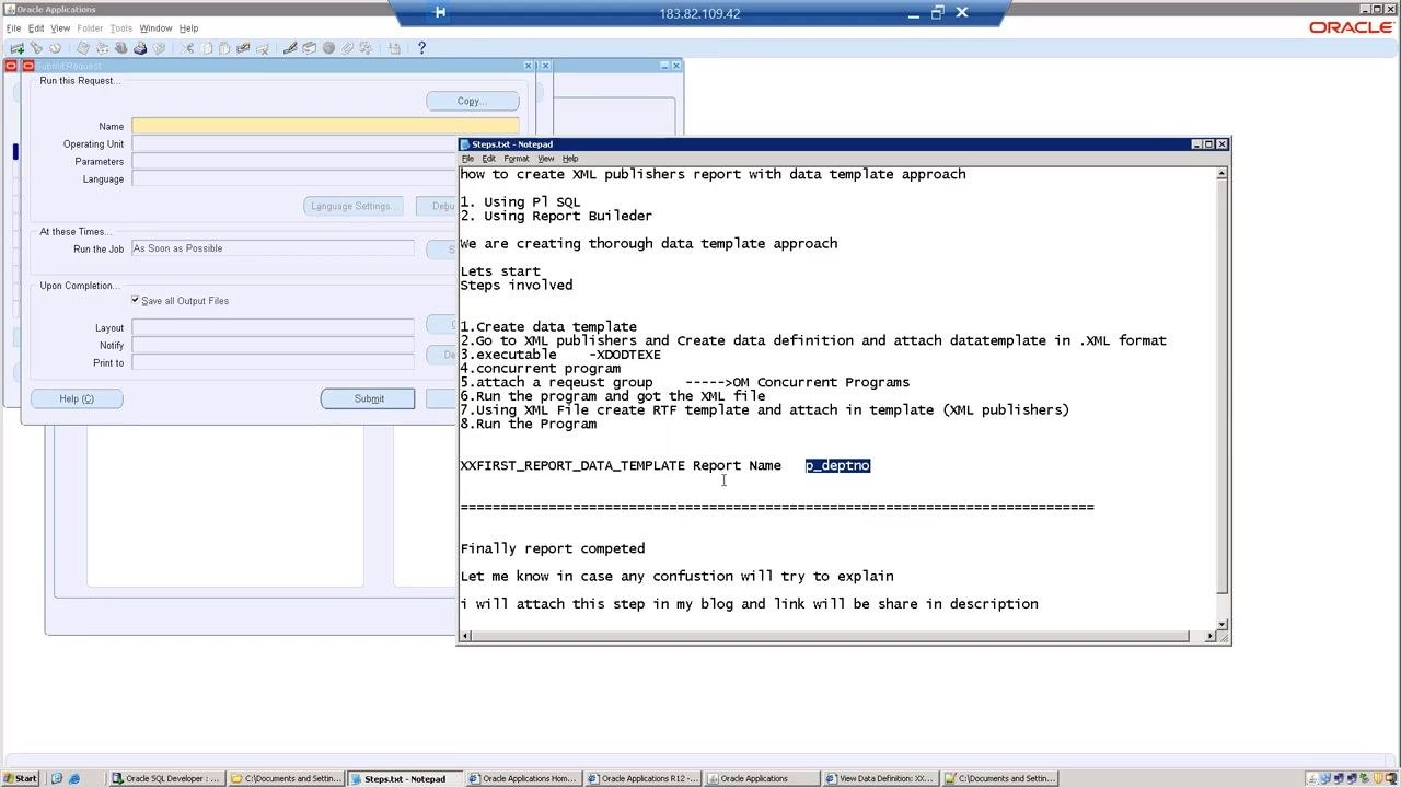 Concurrent Program Parameters window showing the p_deptno parameter and value set details