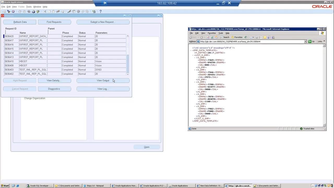 Browser window displaying the XML output with employee data