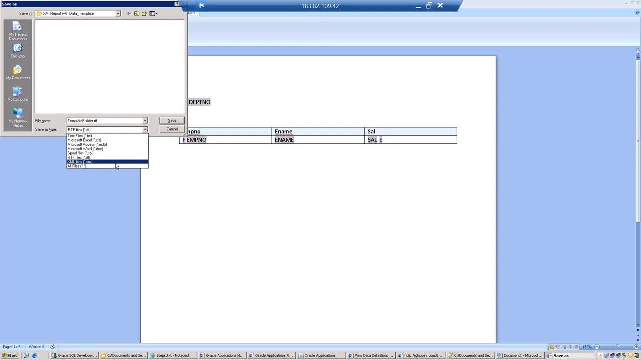 Microsoft Word Save As dialog with RTF file type selected and the file name TemplateBuilder.rtf
