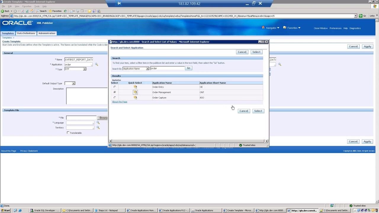 Choose file dialog with the XML output file selected for template attachment