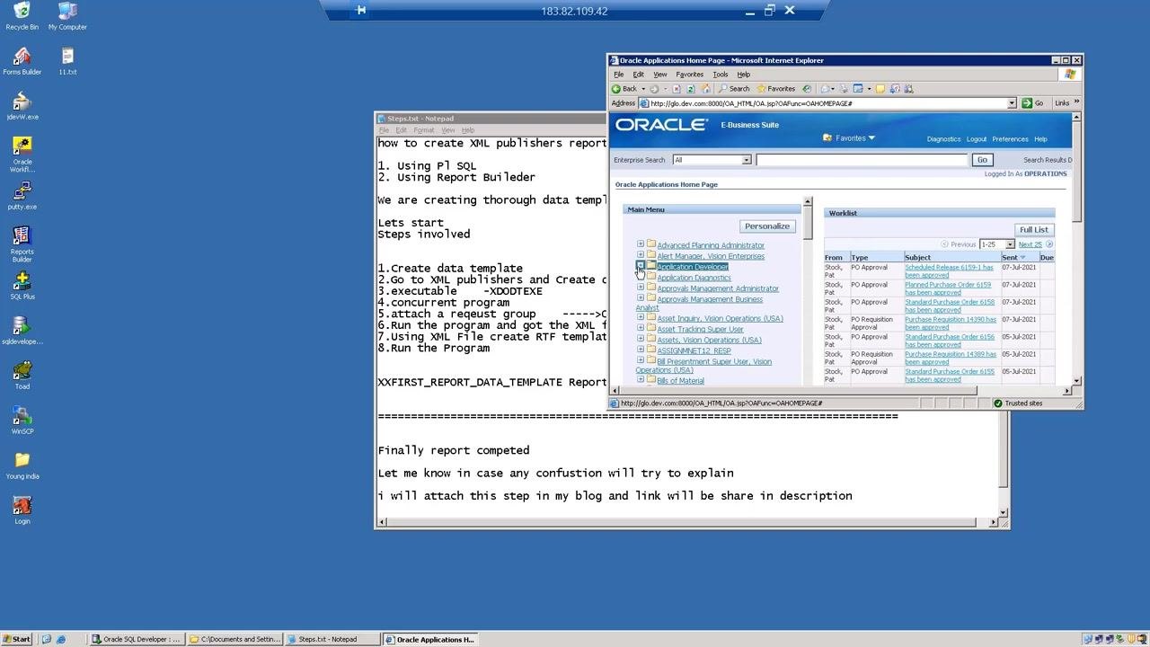 Oracle Applications main menu alongside a Notepad file listing the XML Publisher setup steps