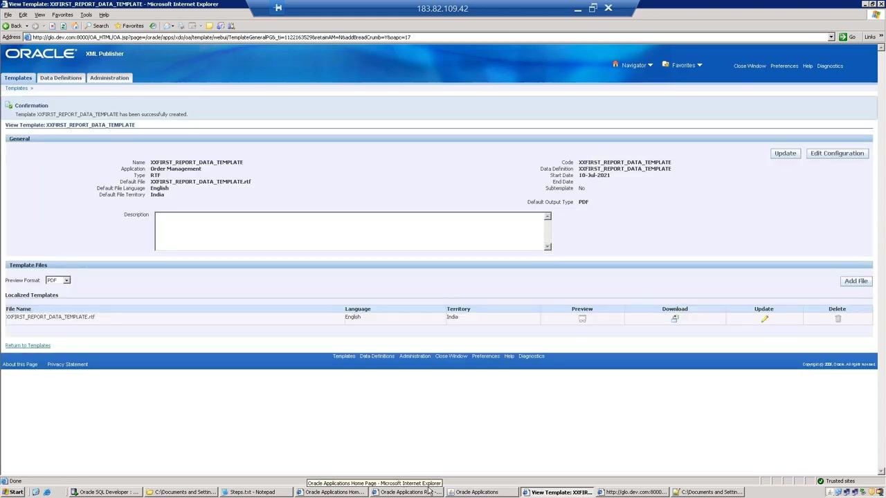 View Template screen showing the confirmation message and template details