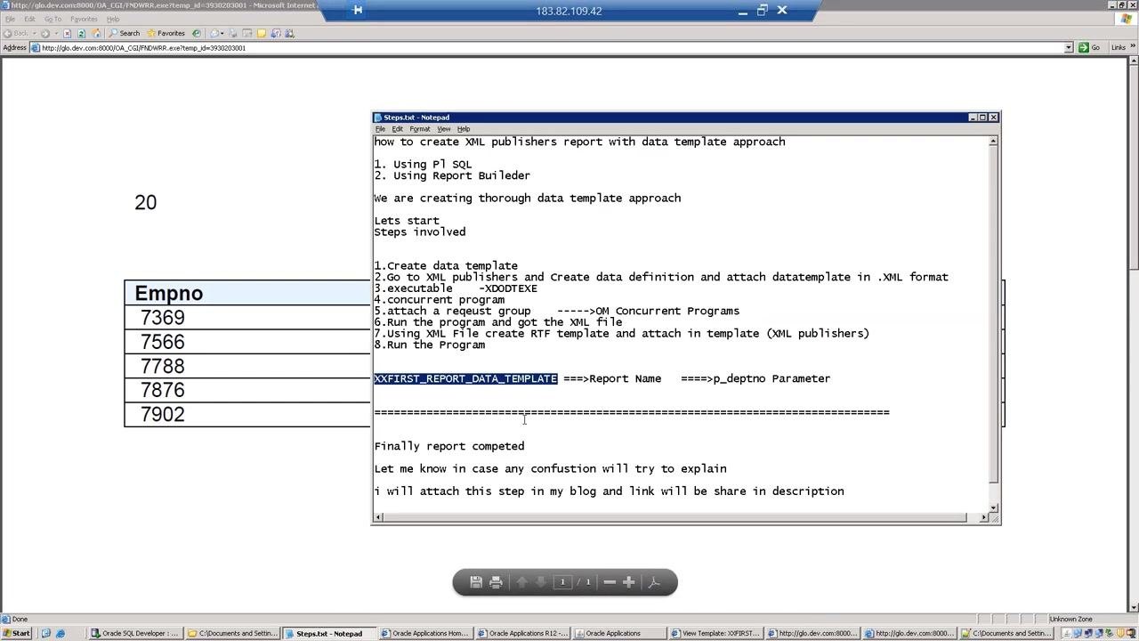 Browser window showing the final report output with the department number and employee data table