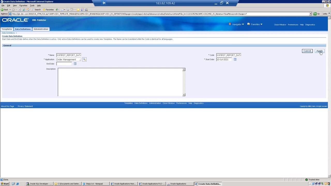 Create Data Definition screen with Name, Application, Code, and Start Date fields completed