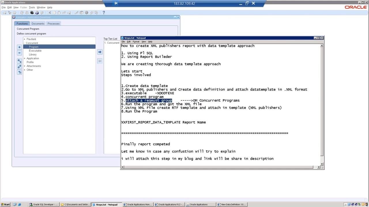 Concurrent Programs form with Executable set to XDODTEXE and the Output Format dropdown open