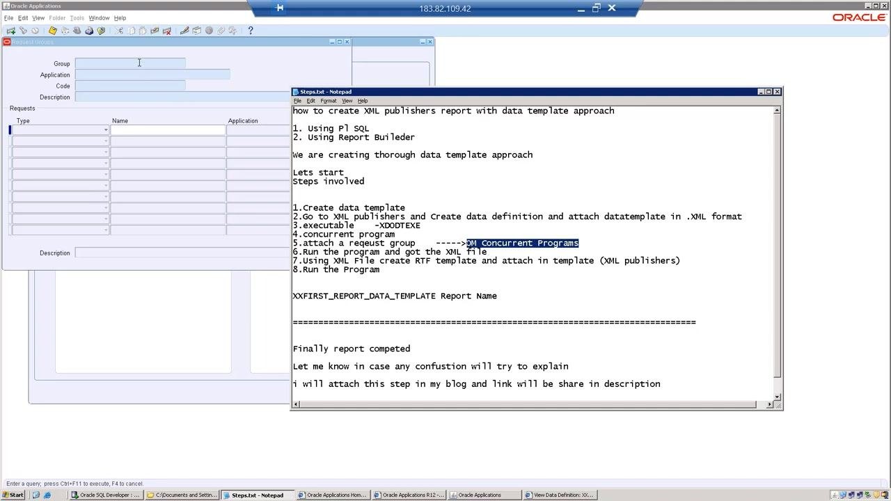 Request Groups form open with step-by-step instructions visible in a reference Notepad file