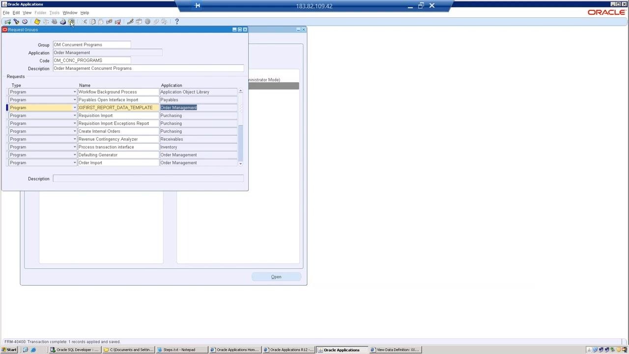 Request Groups window with XXFIRST_REPORT_DATA_TEMPLATE highlighted under Order Management