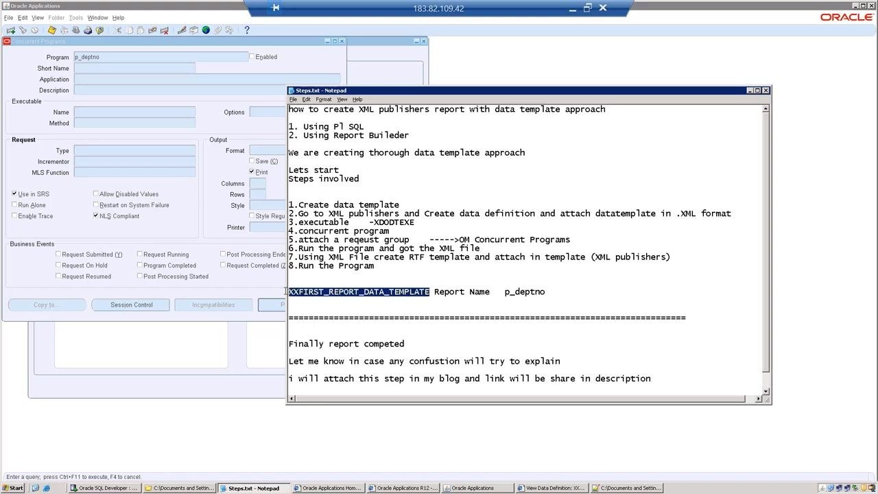 Notepad window with the p_deptno parameter highlighted