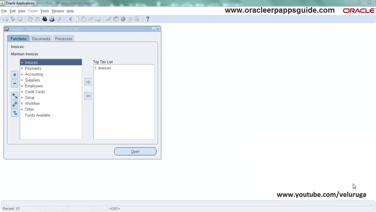 Oracle Applications Navigator window with 'Invoices' selected under 'Maintain Invoices'; the Top Ten List shows 'Invoices'.