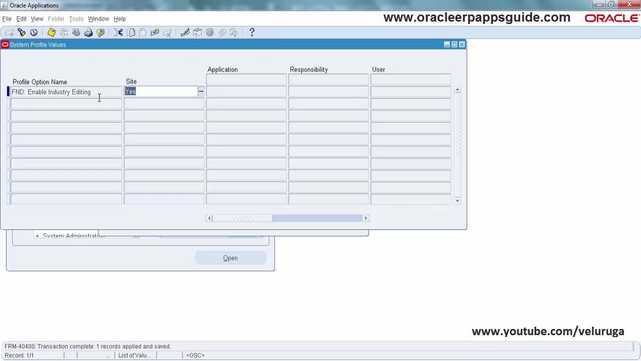 System Profile Values window showing 'FND: Enable Industry Editing' with the Site value set to 'Yes'.