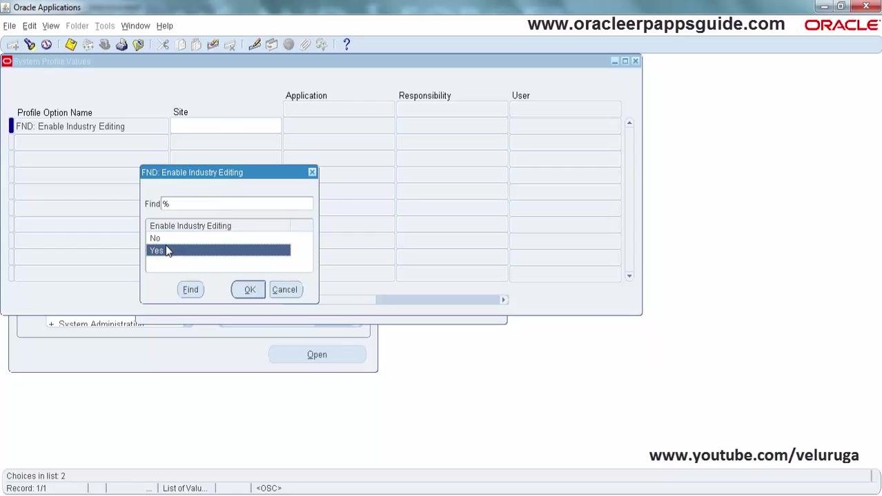 System Profile Values window with 'FND: Enable Industry Editing' set to 'Yes' at the Site level.