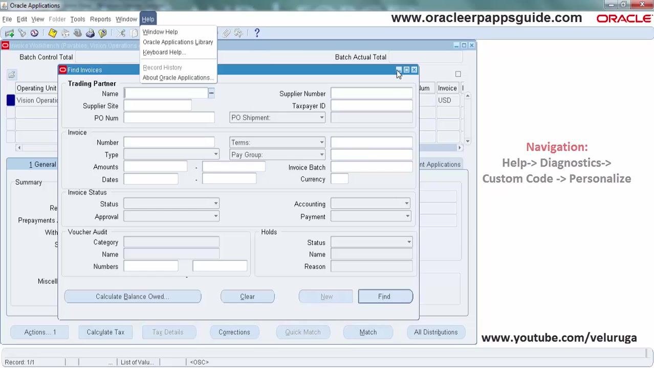 Find System Profile Values window with the User field set to 'VELURUGA' and the Profile field set to 'Hide Diagnostics menu entry'.