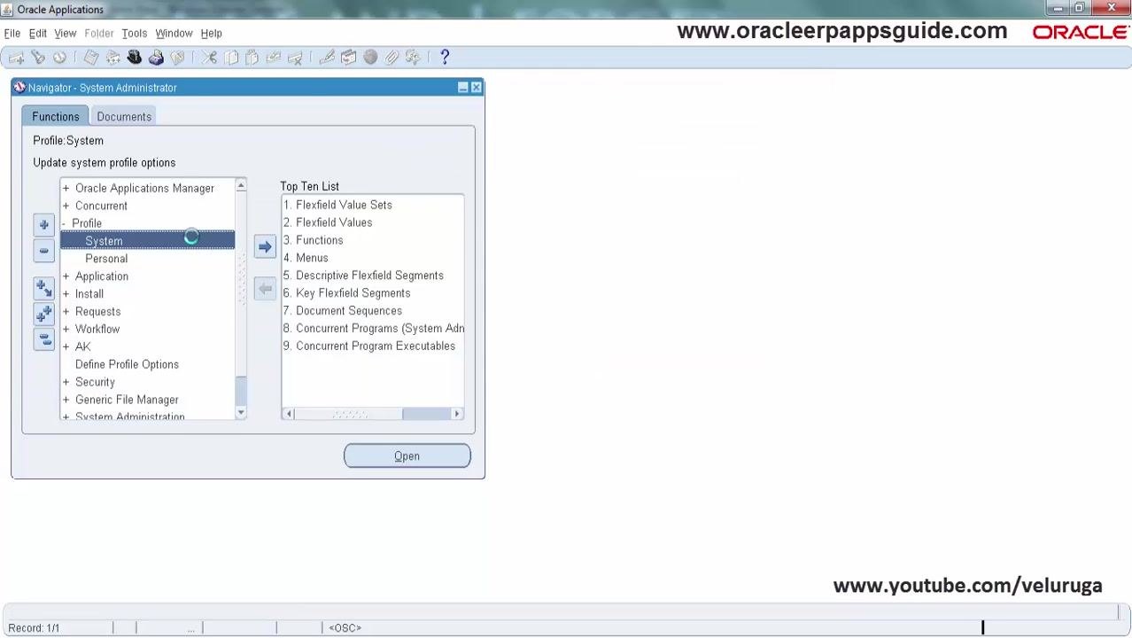 Find System Profile Values window with User set to 'VELURUGA' and Profile set to 'Utilities: Diagnostics'.