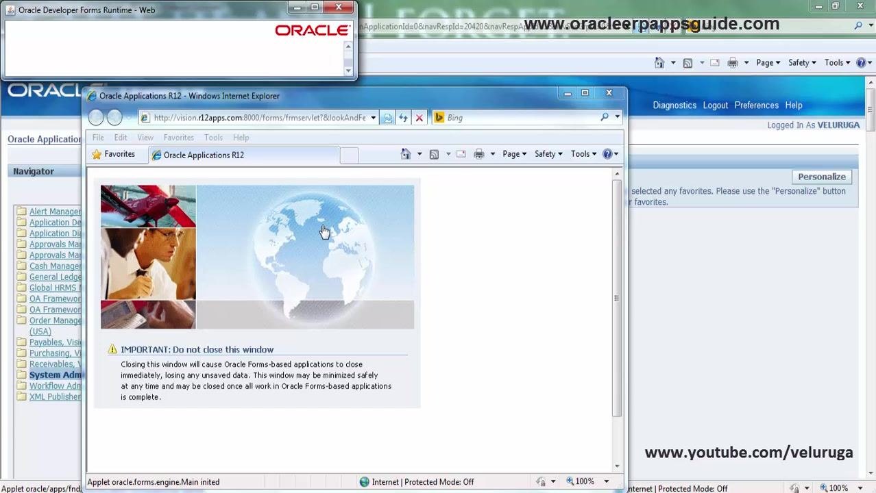 Oracle Applications Home Page in Internet Explorer, showing login as VELURUGA.