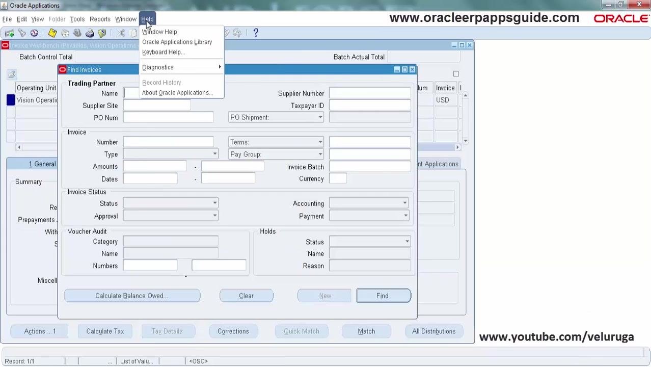Invoices Workbench with the Help menu expanded, showing the Diagnostics option now visible.