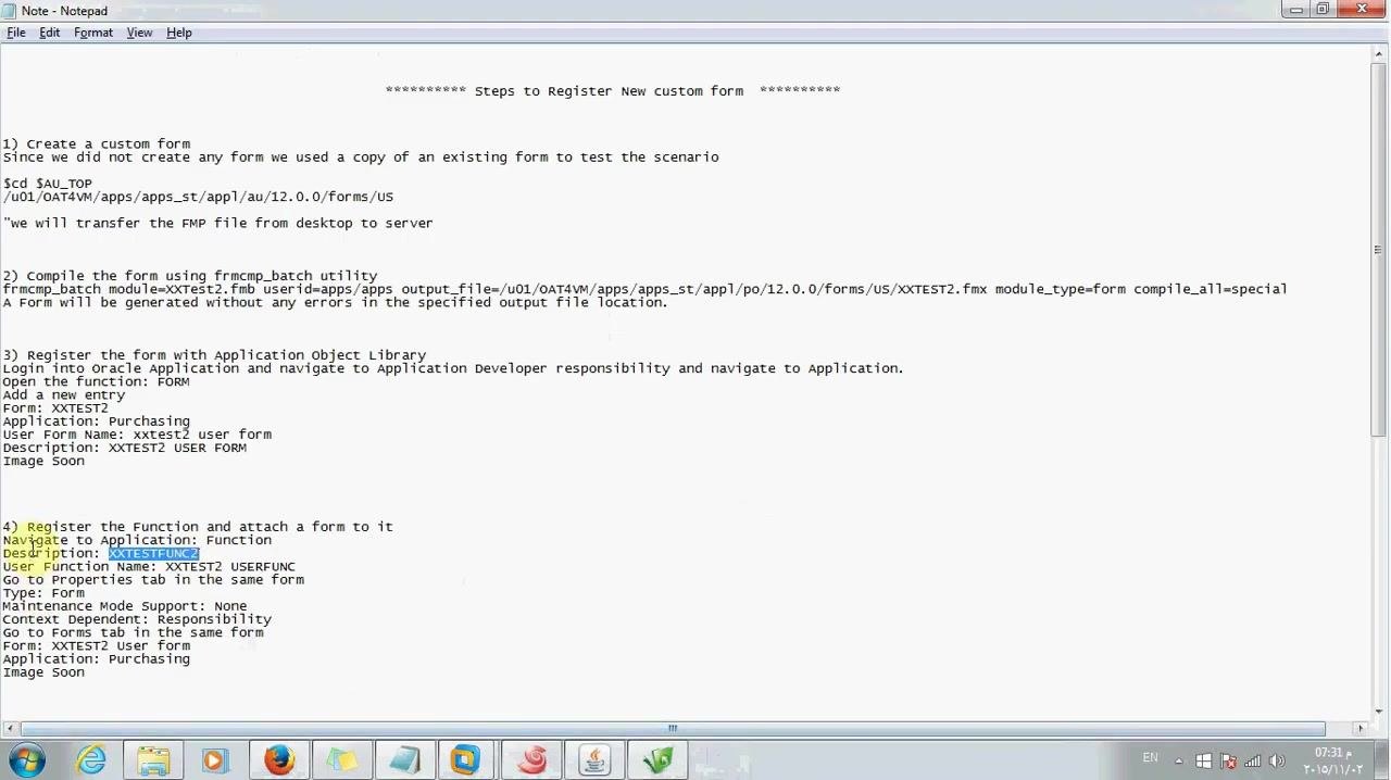 Form Functions registration screen in Oracle Applications showing the Function, User Function Name, and Description fields completed for XXTEST2.