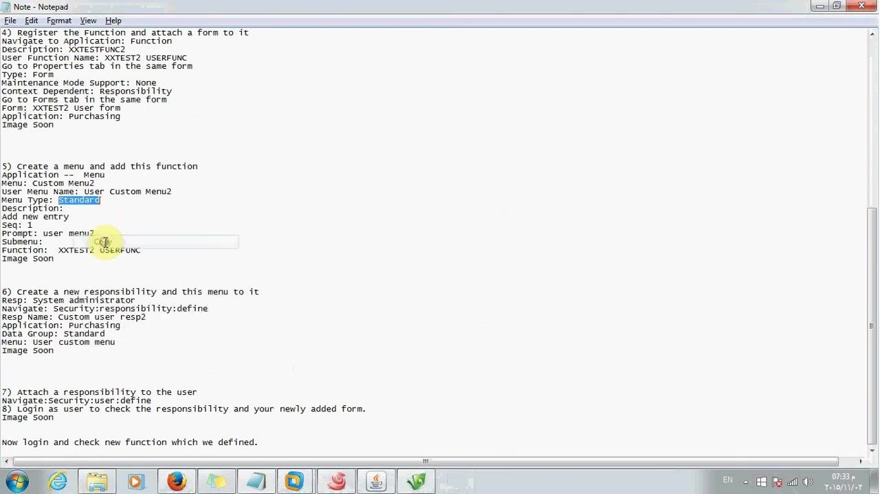 Reference notes listing the step to create a menu and add the function, with details for Menu, User Menu Name, Menu Type, Prompt, and Function.