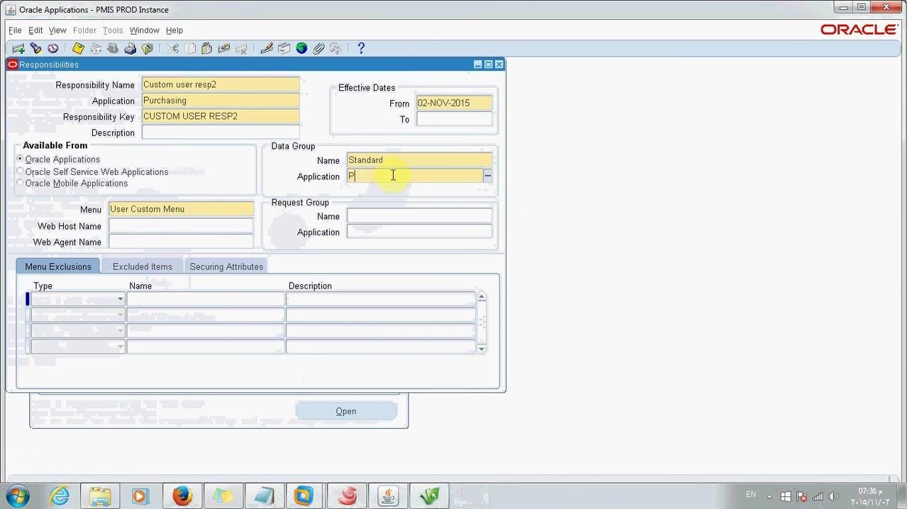 Responsibilities form in Oracle Applications with fields filled in for a new responsibility named Custom user resp2.