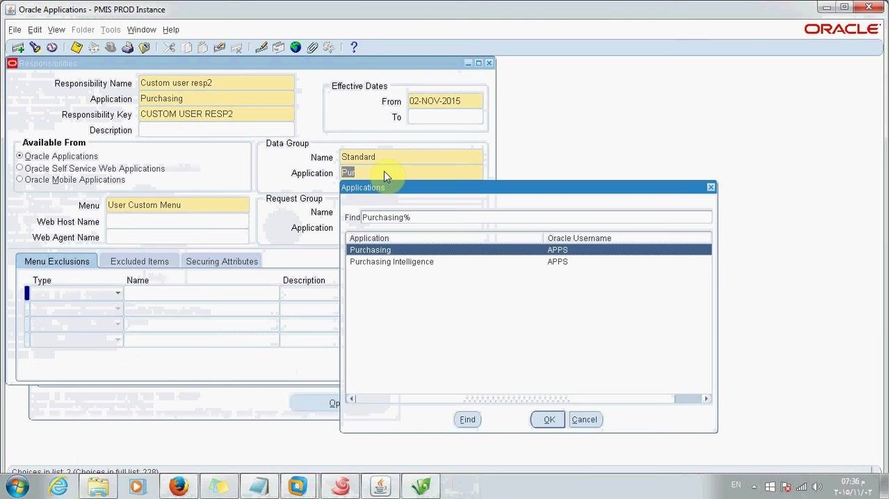 Pop-up window in Oracle Applications for selecting the Data Group Application, with Purchasing highlighted.