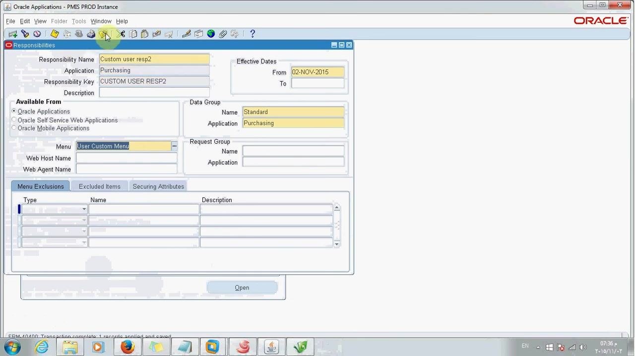 Responsibilities form in Oracle Applications with all fields completed and the record saved.