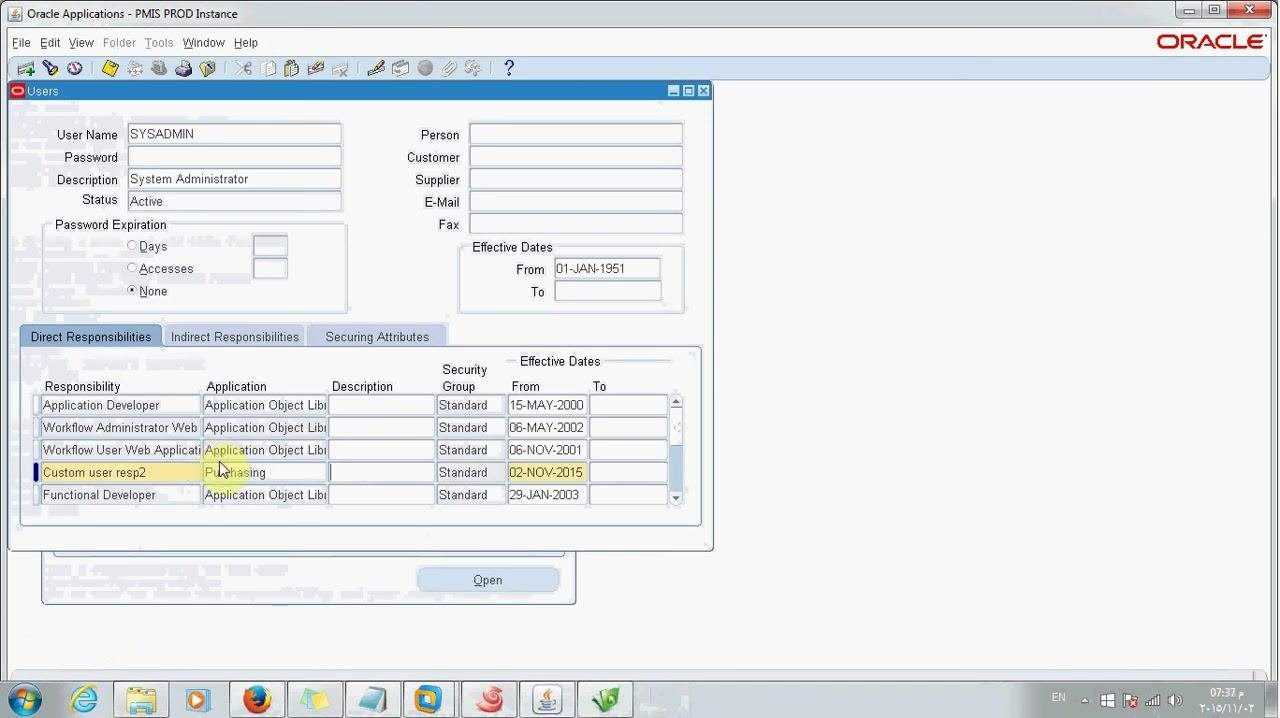 Users form in Oracle Applications with the Custom user resp2 responsibility assigned to SYSADMIN, effective from 02-NOV-2015.