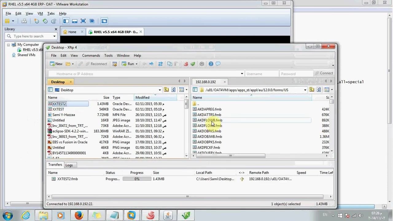 FTP client window with XXTEST2.fmb selected for transfer, showing the progress bar at 0% and both local and remote directory paths.