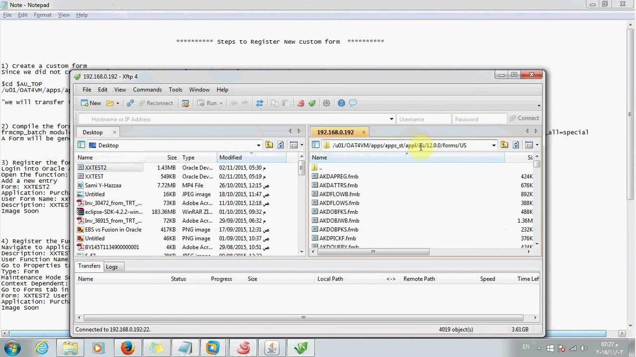FTP client window showing the remote directory with the newly transferred XXTEST2.fmb file listed among other Oracle form files.