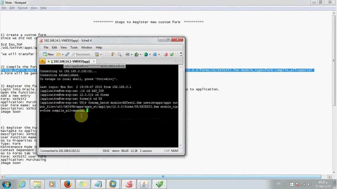 Terminal window with the frmcmp_batch command entered and ready to run, with reference notes visible in the background.