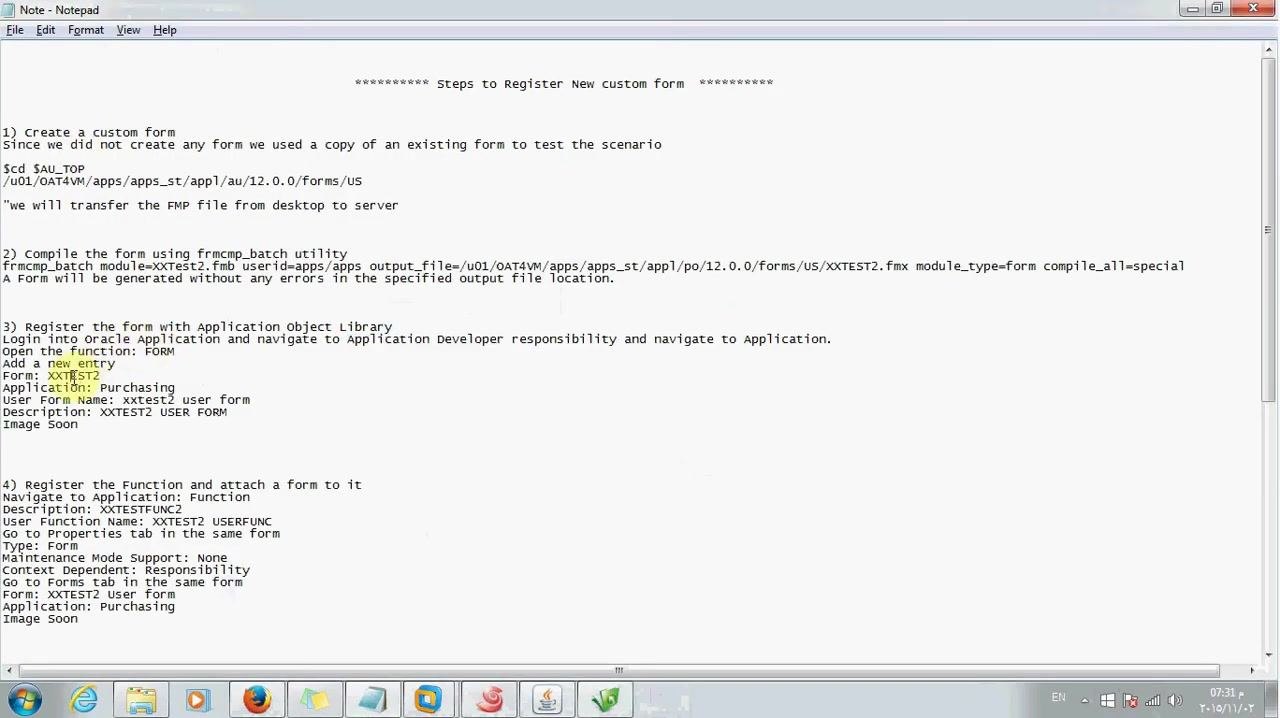 Forms registration screen in Oracle Applications showing the Form, Application, User Form Name, and Description fields filled in for XXTEST2.