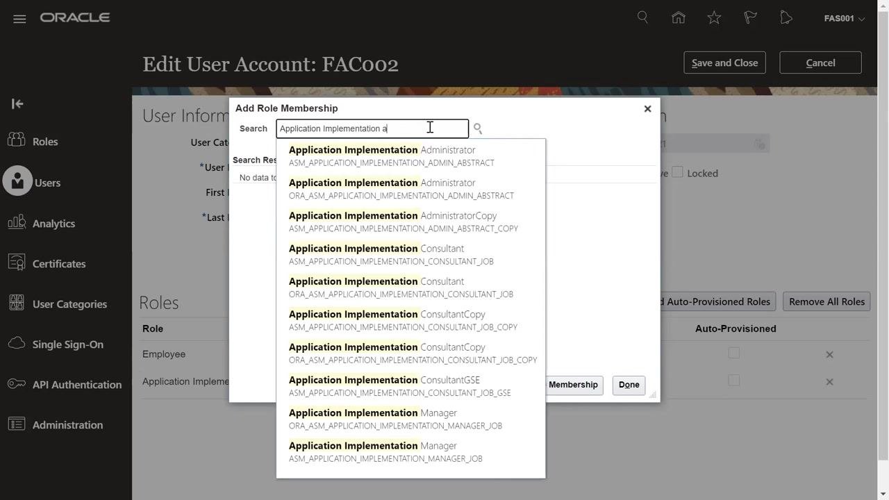 Add Role Membership dialog with Application Implementation typed in the search field, showing a dropdown list of matching roles including Administrator, Consultant, and Manager